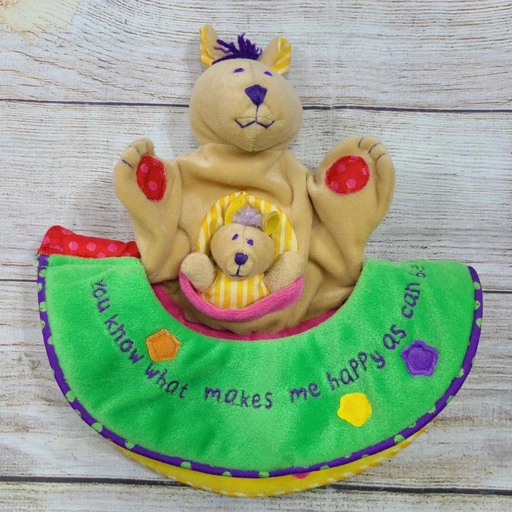 Mommy & Me Plush Kangaroo Puppet Rattle Mirror Tan Green Purple Baby Toy 9.5"